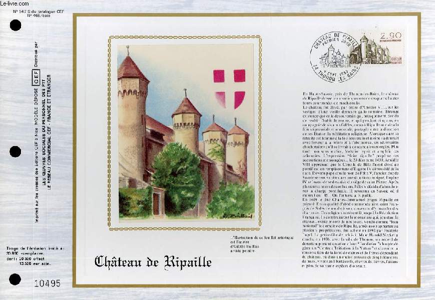 FEUILLET ARTISTIQUE PHILATELIQUE SUR SOIE - CEF - CHATEAU DE RIPAILLE - N 647S - N468 SOIE