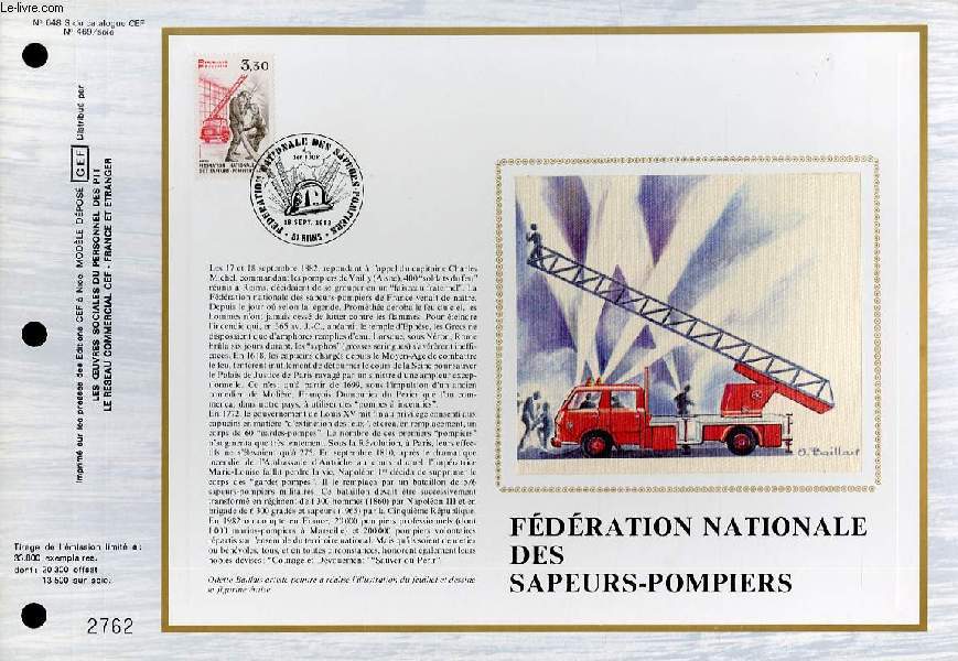 FEUILLET ARTISTIQUE PHILATELIQUE SUR SOIE - CEF - FEDERATION NATIONALE DES SAPEURS-POMPIERS - N 648S - N469 SOIE