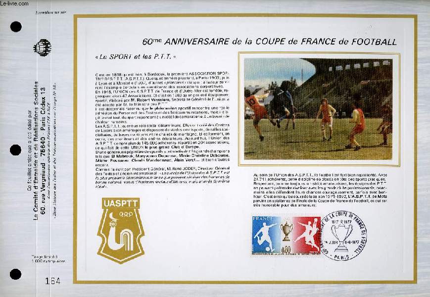 FEUILLET ARTISTIQUE PHILATELIQUE - CEF - 60 ANNIVERSAIRE DE LA COUPE DE FRANCE DE FOOTBALL