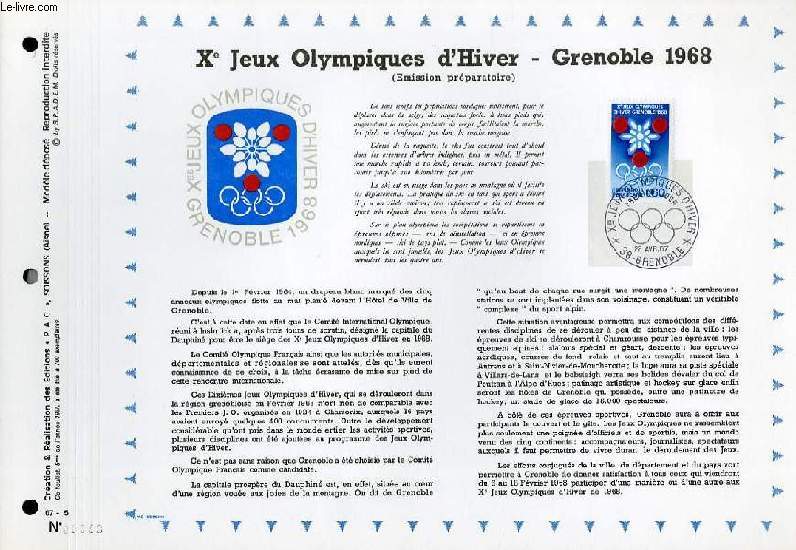 FEUILLET ARTISTIQUE PHILATELIQUE - PAC - 67 - 05 - 10 JEUX OLYMPIQUES D'HIVER - GRENOBLE 1968 (EMISSION PREPARATOIRE)