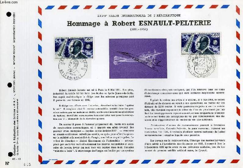 FEUILLET ARTISTIQUE PHILATELIQUE - PAC - 67 - 12 - HOMMAGE A ROBERT ESNAULT-PELTERIE - 1881 - 1957 - 27 SALON INTERNATIONAL DE L'AERONAUTIQUE