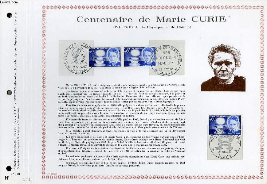 FEUILLET ARTISTIQUE PHILATELIQUE - PAC - 67 - 23 - CENTENAIRE DE MARIE CURIE