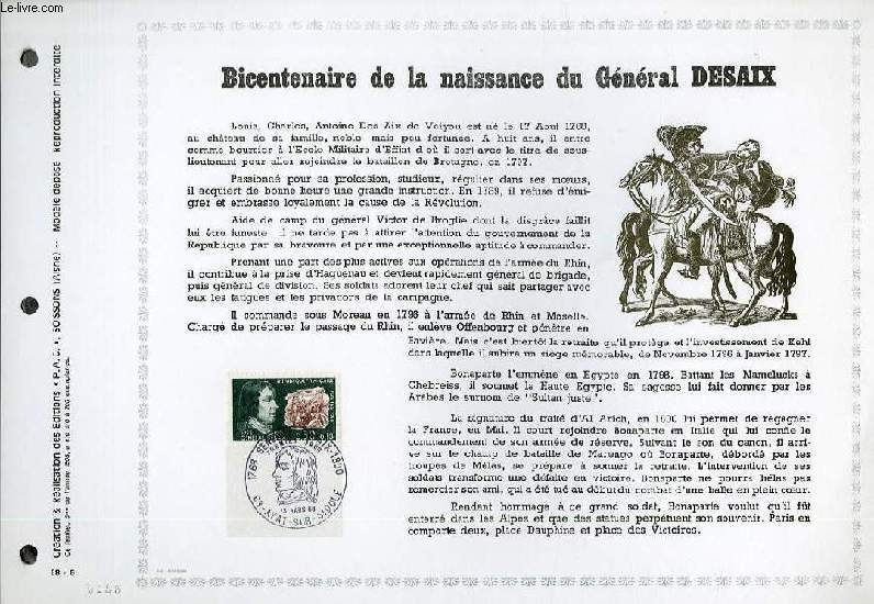 FEUILLET ARTISTIQUE PHILATELIQUE - PAC - 68 - 06 - BICENTENAIRE DE LA NAISSANCE DU GENERAL DESAIX