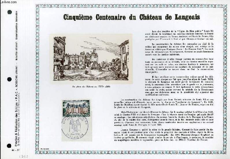 FEUILLET ARTISTIQUE PHILATELIQUE - PAC - 68 - 11 - CINQUIEME CENTENAIRE DU CHATEAU DE LANGEAIS
