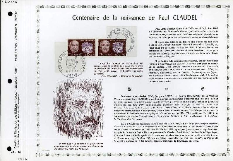 FEUILLET ARTISTIQUE PHILATELIQUE - PAC - 68 - 16 - CENTENAIRE DE LA NAISSANCE DE PAUL CLAUDEL