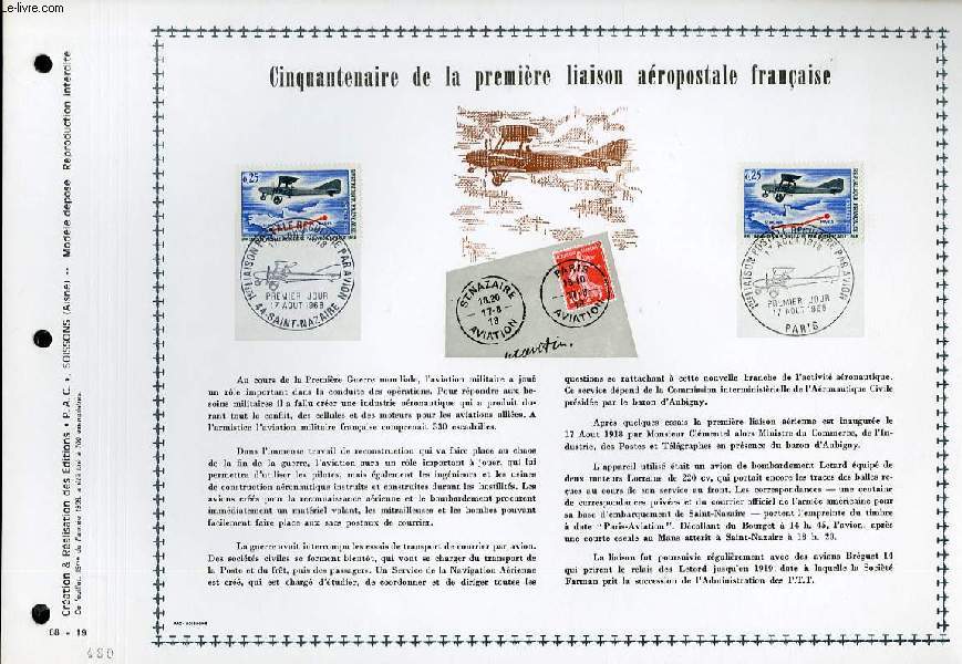 FEUILLET ARTISTIQUE PHILATELIQUE - PAC - 68 - 19 - CINQUANTENAIRE DE LA PREMIERE LIAISON AEROPOSTALE FRANCAISE