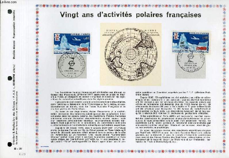 FEUILLET ARTISTIQUE PHILATELIQUE - PAC - 68 - 26 - VINGT ANS D'ACTIVITES POLAIRES FRANCAISES