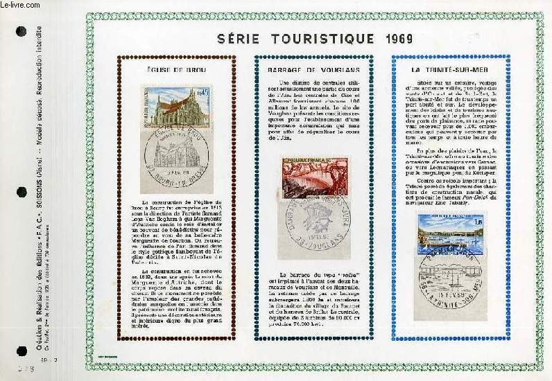 FEUILLET ARTISTIQUE PHILATELIQUE - PAC - 69 - 02 - SERIE TOURISTIQUE 1969 : EGLISE DE BROU, BARRAGE DE VOUGLANS, LA TRINITE SUR MER