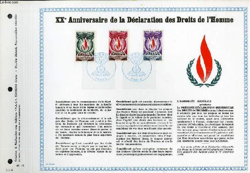 FEUILLET ARTISTIQUE PHILATELIQUE - PAC - 69 - 05 - 20 ANNIVERSAIRE DE LA DECLARATION DES DROITS DE L'HOMME