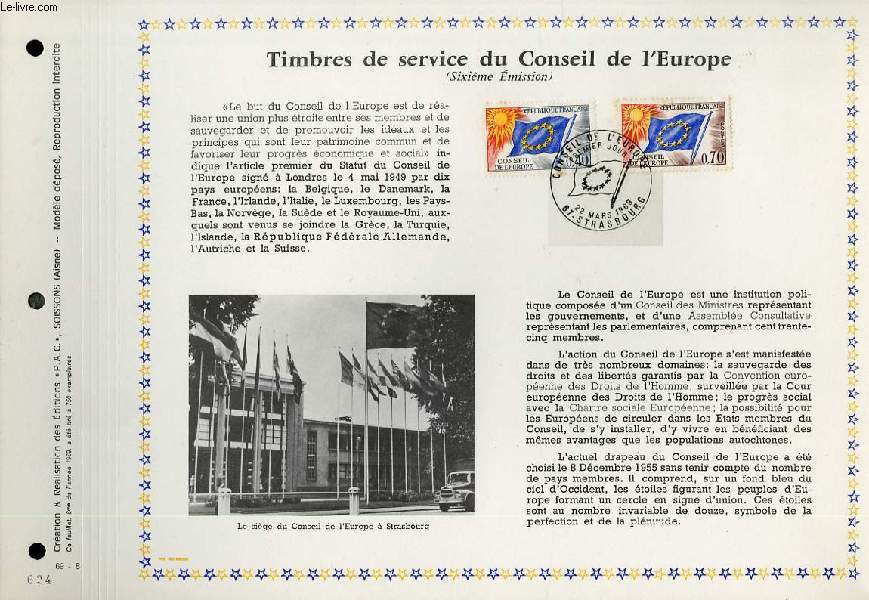 FEUILLET ARTISTIQUE PHILATELIQUE - PAC - 69 - 08 - TIMBRES DE SERVICE DU CONSEIL DE L'EUROPE (6 EMISSION)