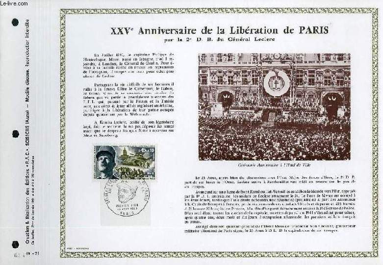 FEUILLET ARTISTIQUE PHILATELIQUE - PAC - 69 - 25 - 25 ANNIVERSAIRE DE LA LIBERATION DE PARIS PAR LA 2 D. B. DU GENERAL LECLERC