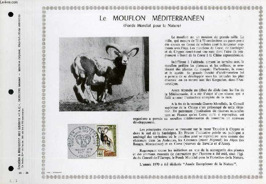 FEUILLET ARTISTIQUE PHILATELIQUE - PAC - 69 - 25 - LE MOUFLON MEDITERRANEEN (FONDS MONDIAL POUR LA NATURE)