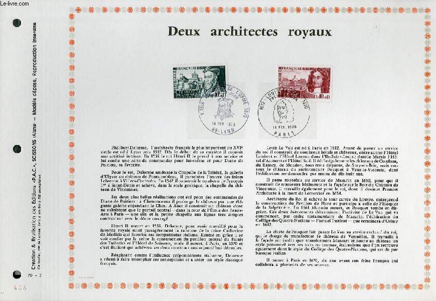 FEUILLET ARTISTIQUE PHILATELIQUE - PAC - 70 - 03 - DEUX ARCHITECTES ROYAUX