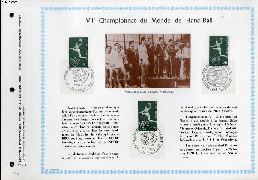 FEUILLET ARTISTIQUE PHILATELIQUE - PAC - 70 - 04 - 7 CHAMPIONNAT DU MONDE DE HAND-BALL