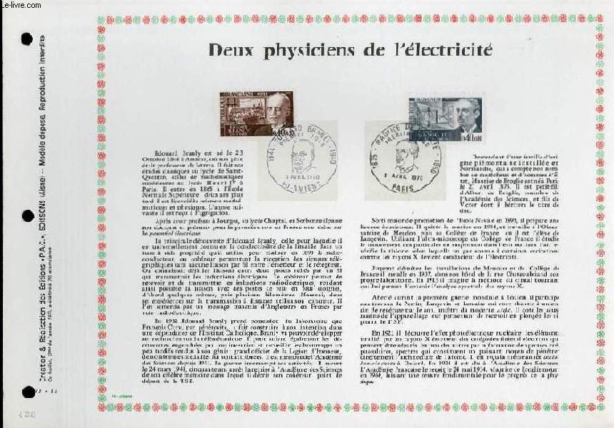 FEUILLET ARTISTIQUE PHILATELIQUE - PAC - 70 - 13 - DEUX PHYSICIENS DE L'ELECTRICITE