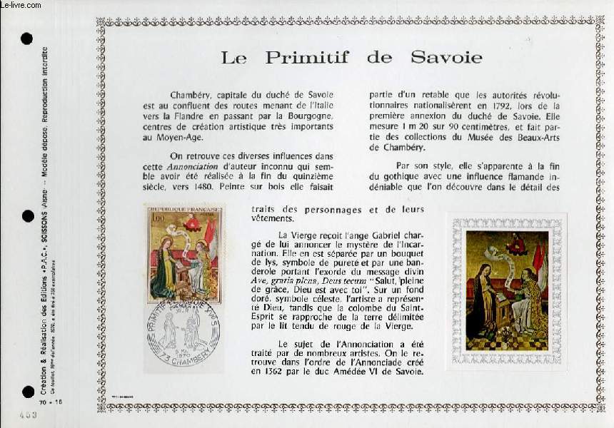 FEUILLET ARTISTIQUE PHILATELIQUE - PAC - 70 - 16 - LE PRIMITIF DE SAVOIE