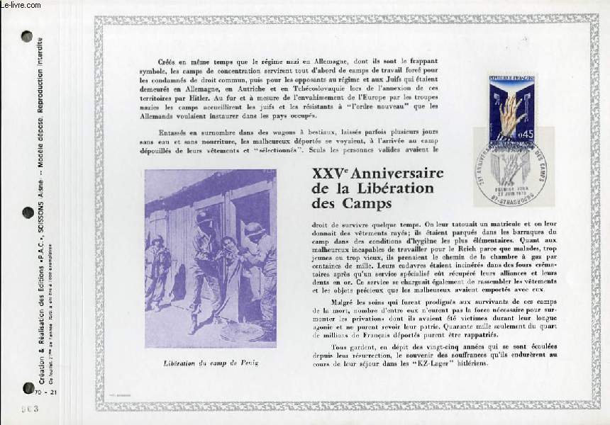FEUILLET ARTISTIQUE PHILATELIQUE - PAC - 70 - 21 - 25 ANNIVERSAIRE DE LA LIBERATION DES CAMPS