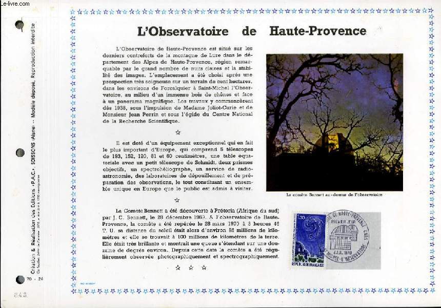 FEUILLET ARTISTIQUE PHILATELIQUE - PAC - 70 - 24 - L'OBSERVATOIRE DE HAUTE-PROVENCE