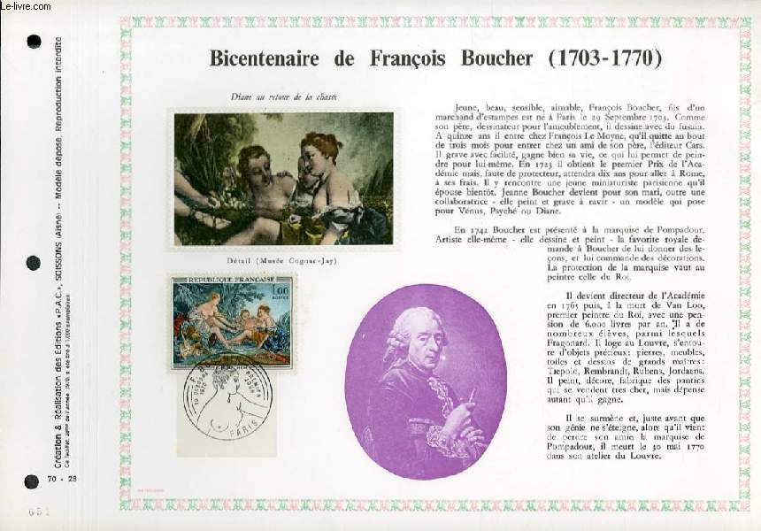 FEUILLET ARTISTIQUE PHILATELIQUE - PAC - 70 - 28 - BICENTENAIRE DE FRANCOIS BOUCHER (1703 - 1770)