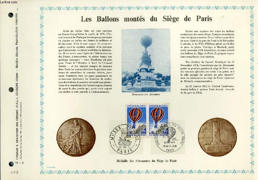 FEUILLET ARTISTIQUE PHILATELIQUE - PAC - 71 - 02 - LES BALLONS MONTES DU SIEGE DE PARIS