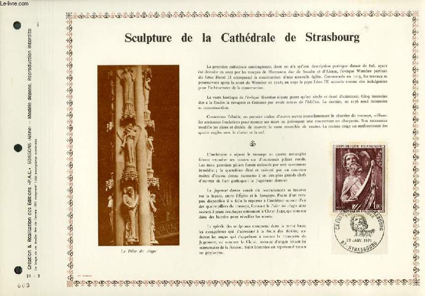 FEUILLET ARTISTIQUE PHILATELIQUE - PAC - 71 - 03 - SCULPTURE DE LA CATHEDRALE DE STRASBOURG