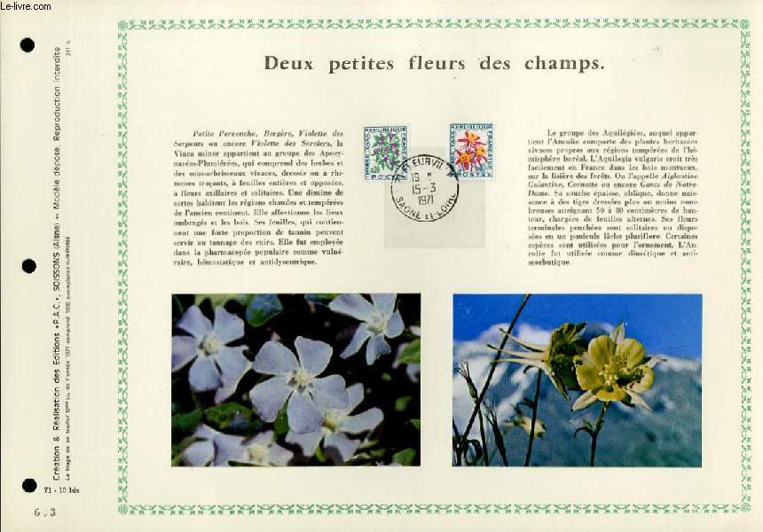 FEUILLET ARTISTIQUE PHILATELIQUE - PAC - 71 - 10 BIS - DEUX PETITES FLEURS DE CHAMPS