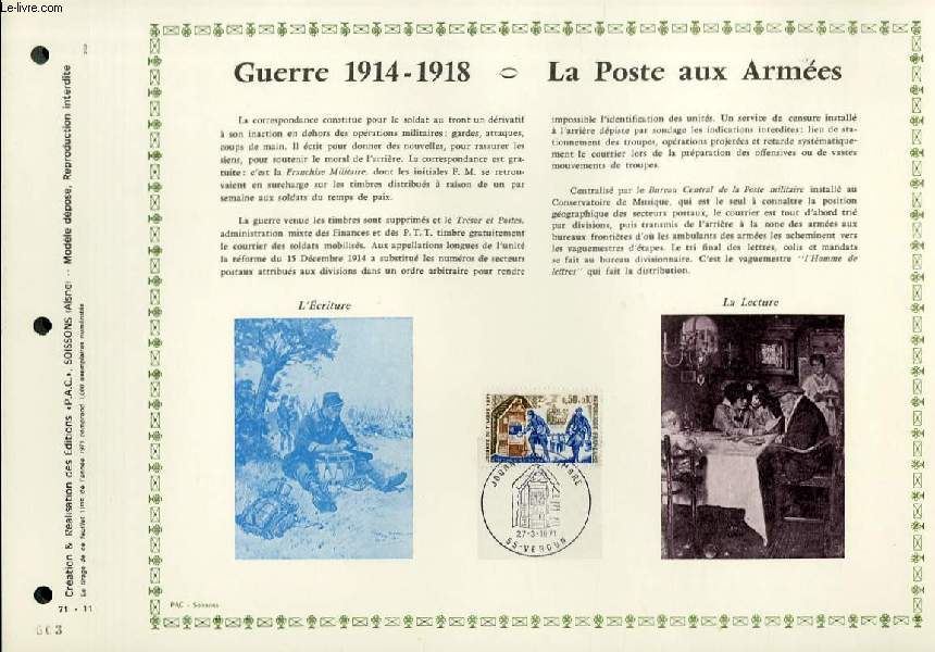 FEUILLET ARTISTIQUE PHILATELIQUE - PAC - 71 - 11 - GUERRE 1914 - 1918 - LA POSTE AUX ARMEES