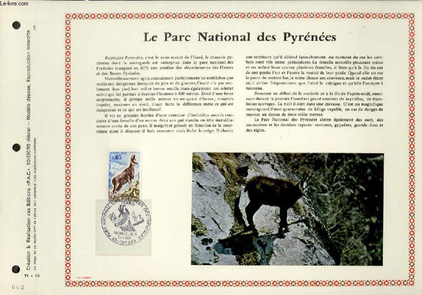 FEUILLET ARTISTIQUE PHILATELIQUE - PAC - 71 - 15 - LE PARC NATIONAL DES PYRENEES
