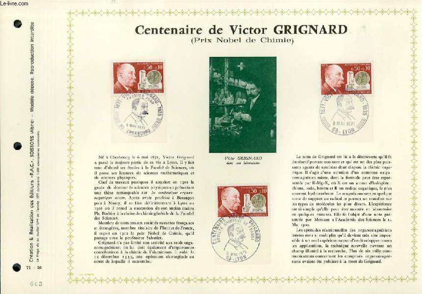 FEUILLET ARTISTIQUE PHILATELIQUE - PAC - 71 - 16 - CENTENAIRE DE VICTOR GRIGNARD (PRIX NOBEL DE CHIMIE)