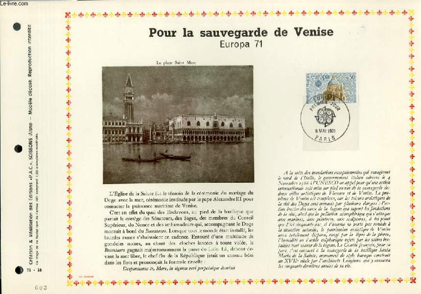 FEUILLET ARTISTIQUE PHILATELIQUE - PAC - 71 - 18 - POUR LA SAUVEGARDE DE VENISE EUROPA 71