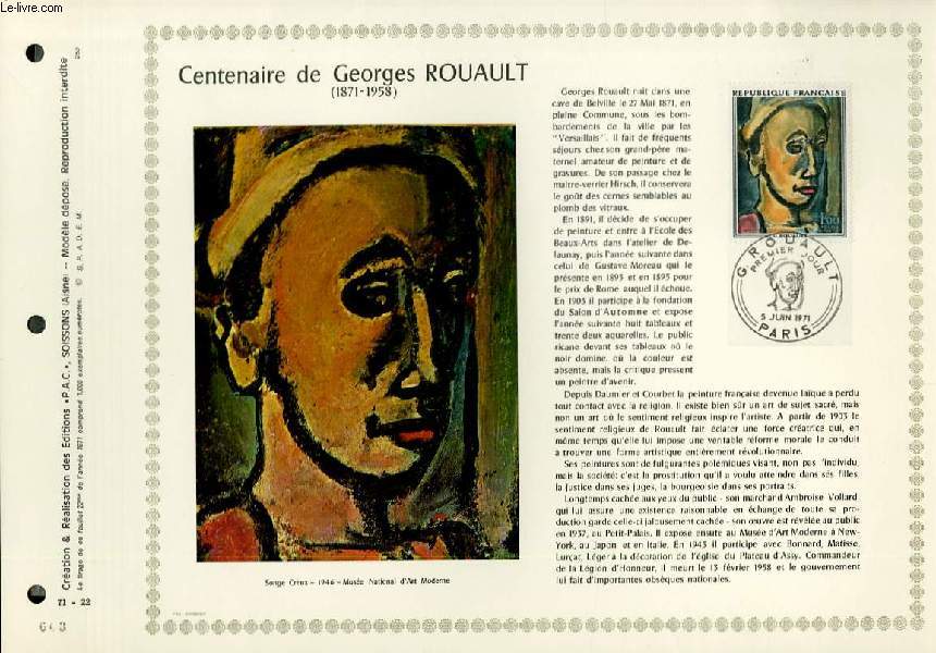 FEUILLET ARTISTIQUE PHILATELIQUE - PAC - 71 - 22 - CENTENAIRE DE GEORGES ROUAULT (1871 - 1958)