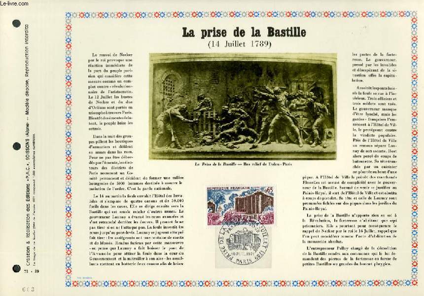 FEUILLET ARTISTIQUE PHILATELIQUE - PAC - 71 - 29 - LA PRISE DE LA BASTILLE (14 JUILLET 1789)