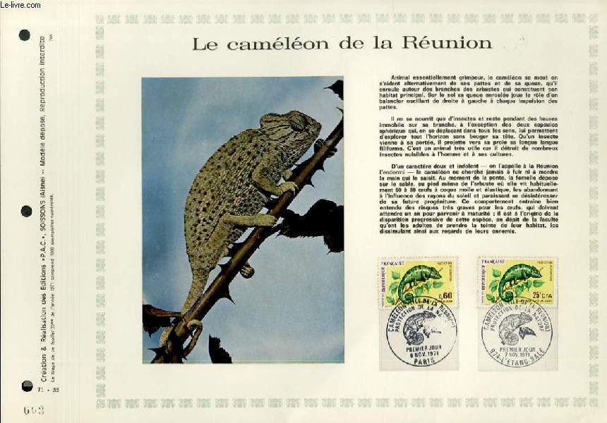 FEUILLET ARTISTIQUE PHILATELIQUE - PAC - 71 - 35 - LE CAMELEON DE LA REUNION