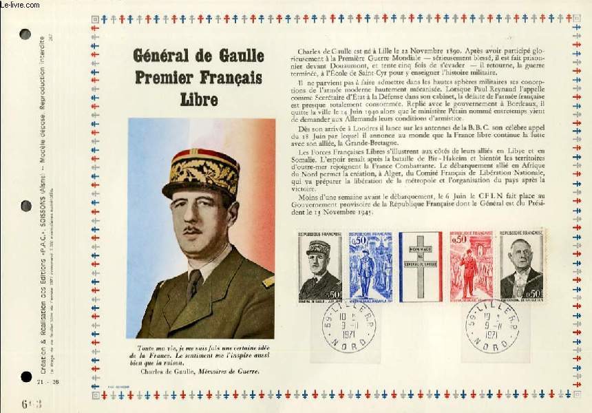 FEUILLET ARTISTIQUE PHILATELIQUE - PAC - 71 - 36 - GENERAL DE GAULLE PREMIER FRANCAIS LIBRE