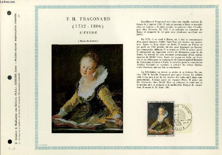 FEUILLET ARTISTIQUE PHILATELIQUE - PAC - 72 - 01 - F. H. FRAGONARD (1732 - 1806) - L'ETUDE