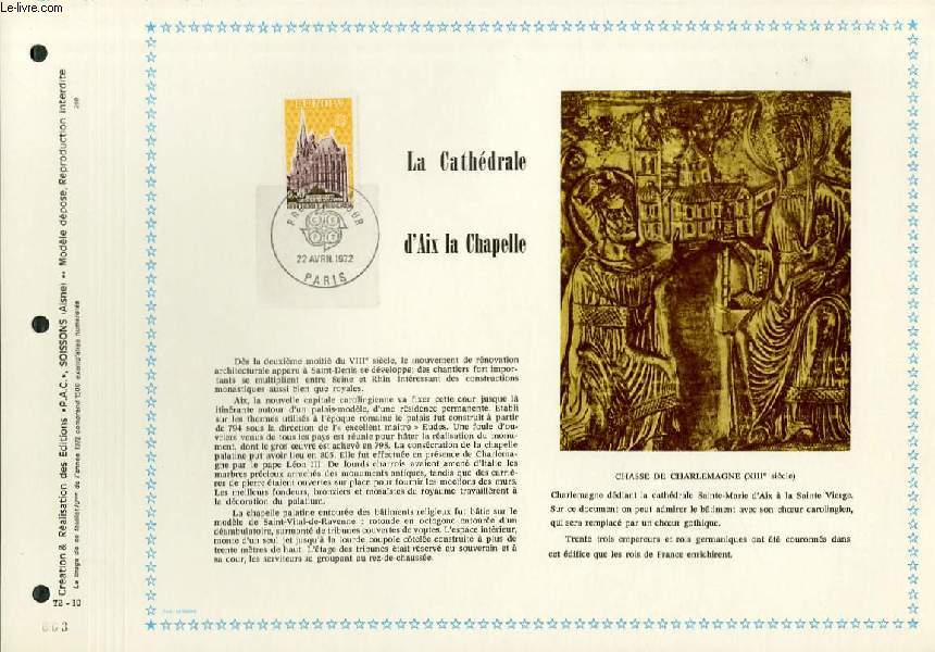 FEUILLET ARTISTIQUE PHILATELIQUE - PAC - 72 - 10 - LA CATHEDRALE D'AIX LA CHAPELLE