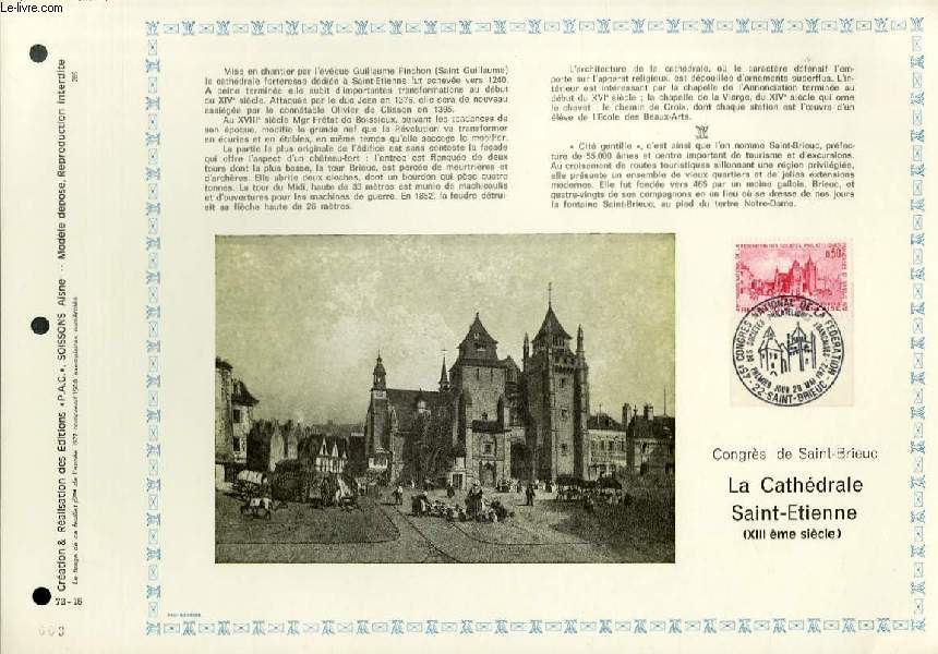 FEUILLET ARTISTIQUE PHILATELIQUE - PAC - 72 - 15 - CONGRES DE SAINT-BRIEUC - LA CATHEDRALE SAINT-ETIENNE (13 SIECLE)