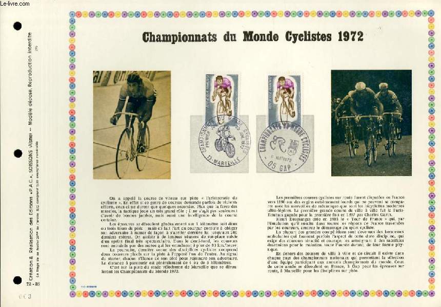 FEUILLET ARTISTIQUE PHILATELIQUE - PAC - 72 - 25 - CHAMPIONNATS DU MONDE CYCLISTES 1972