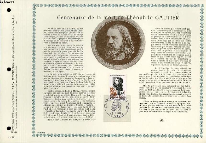 FEUILLET ARTISTIQUE PHILATELIQUE - PAC - 72 - 28 - CENTENAIRE DE LA MORT DE THEOPHILE GAUTIER