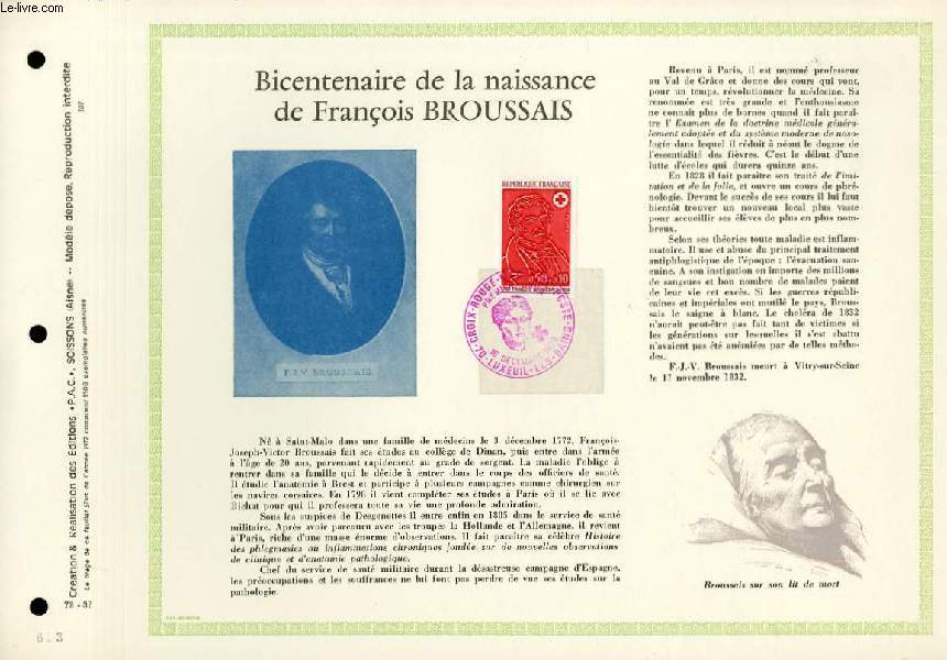 FEUILLET ARTISTIQUE PHILATELIQUE - PAC - 72 - 37 - BICENTENAIRE DE LA NAISSANCE DE FRANCOIS BROUSSAIS