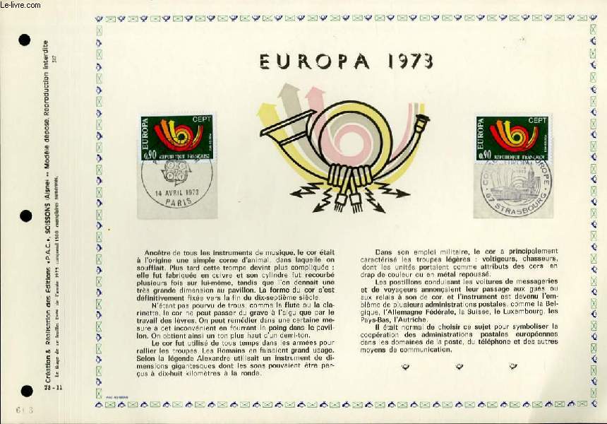 FEUILLET ARTISTIQUE PHILATELIQUE - PAC - 73 - 11 - EUROPA 1973