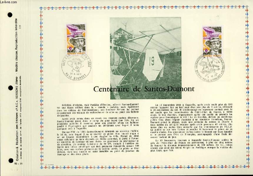 FEUILLET ARTISTIQUE PHILATELIQUE - PAC - 73 - 18 - CENTENAIRE DE SANTOS-DUMONT