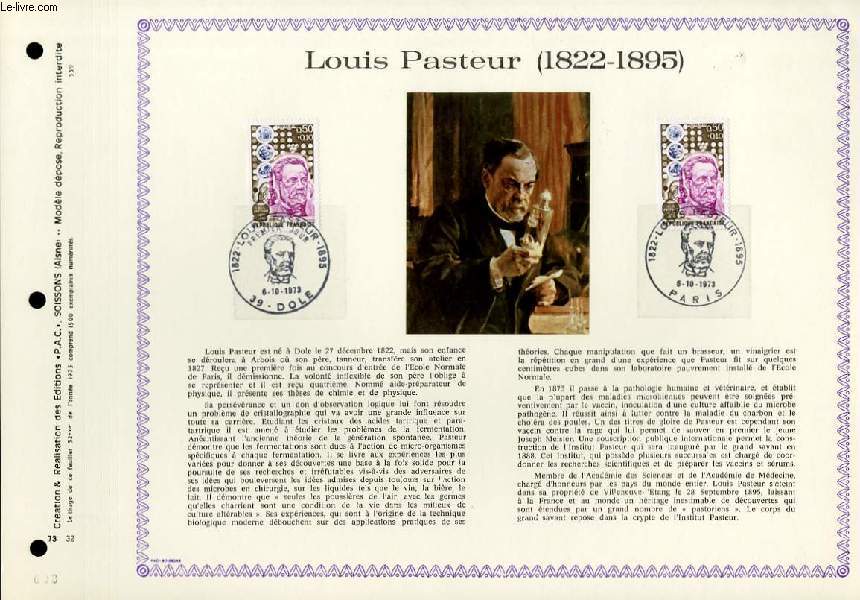 FEUILLET ARTISTIQUE PHILATELIQUE - PAC - 73 - 32 - LOUIS PASTEUR 1822 - 1895