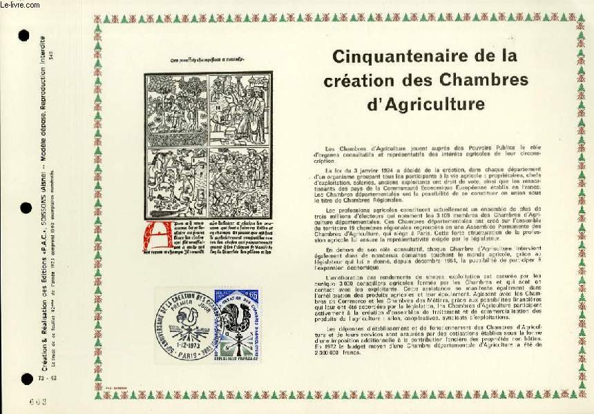 FEUILLET ARTISTIQUE PHILATELIQUE - PAC - 73 - 42 - CINQUANTENAIRE DE LA CREATION DES CHAMBRES D'AGRICULTURE