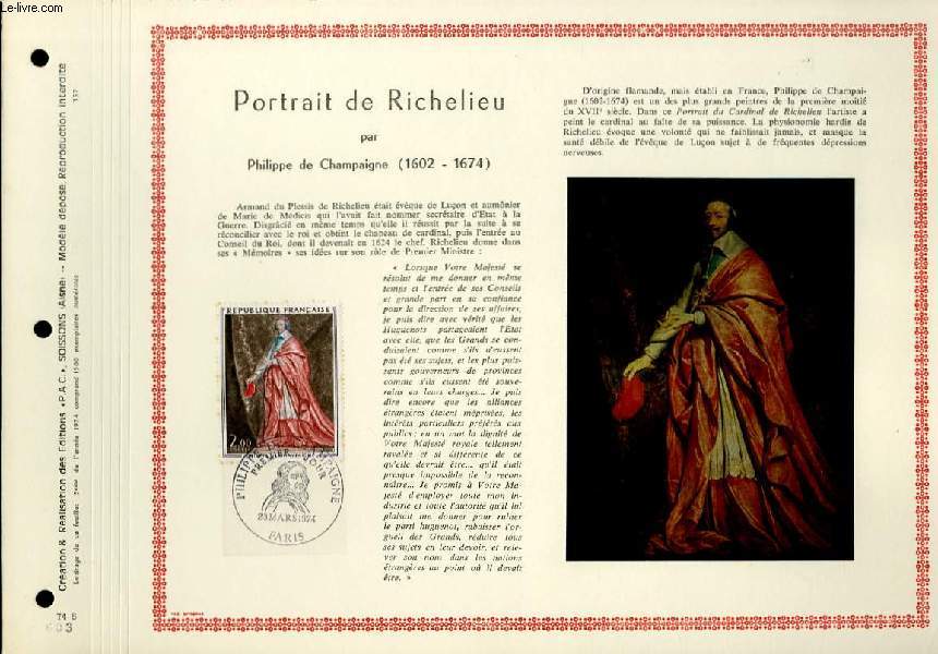 FEUILLET ARTISTIQUE PHILATELIQUE - PAC - 74 - 05 - PORTRAIT DE RICHELIEU PAR PHILIPPE DE CHAMPAIGNE 1602 - 1674