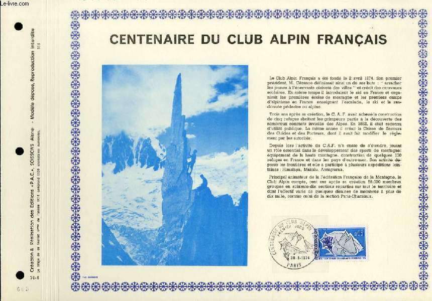 FEUILLET ARTISTIQUE PHILATELIQUE - PAC - 74 - 06 - CENTAIRE DU CLUB ALPIN FRANCAIS