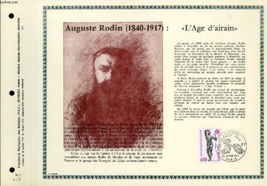 FEUILLET ARTISTIQUE PHILATELIQUE - PAC - 74 - 07 - AUGUSTE RODIN 1840 - 1917 : 