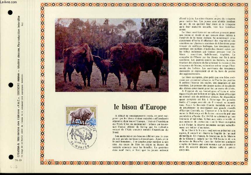 FEUILLET ARTISTIQUE PHILATELIQUE - PAC - 74 - 13 - LE BISON D'EUROPE