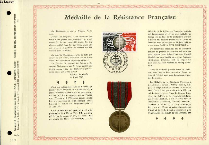 FEUILLET ARTISTIQUE PHILATELIQUE - PAC - 74 - 34 - MADAILLE DE LA RESISTANCE FRANCAISE