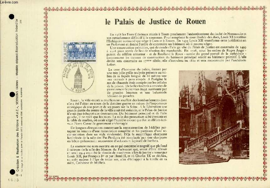 FEUILLET ARTISTIQUE PHILATELIQUE - PAC - 75 - 04 - LE PALAIS DE JUSTICE DE ROUEN